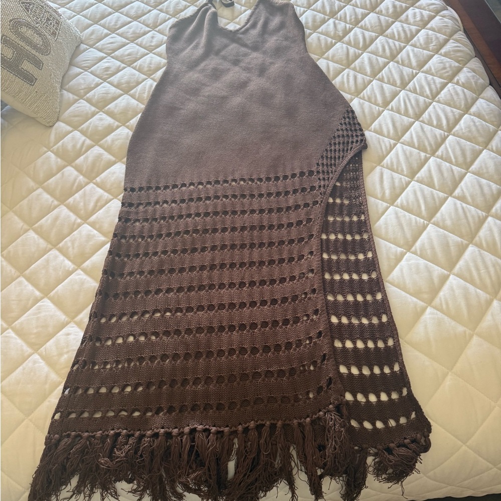 DEVON WINDSOR Brown Knit Sleeveless Maxi Dress with Fringe